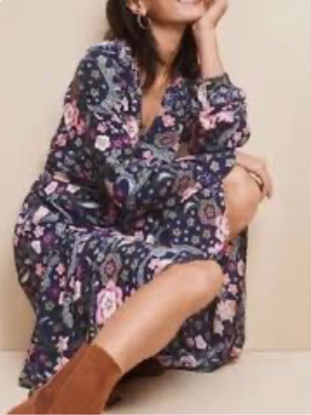 LOFT Navy Pink Floral Print Shirred Flounce Midi Dress. Size Large.